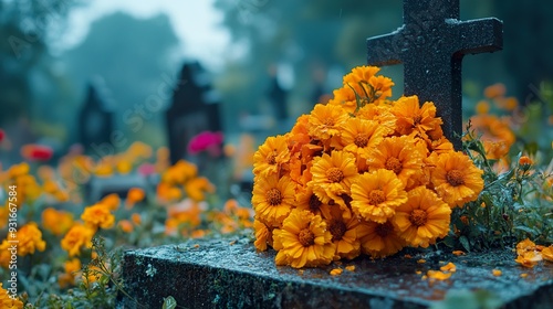 A close-up of a marigold wreath on a grave during Day of the Dead photo