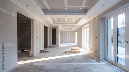 Empty living room after putty work on walls and ceiling in a new build house : Generative AI photo