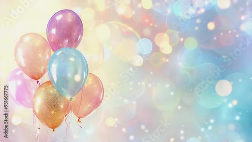 Metallic pastel color balloons with bokeh lights on a background. Celebration birthday party concept.