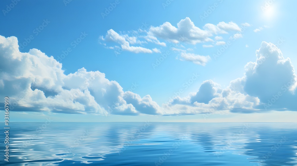 Tranquil ocean scene featuring calm waters under a blue sky with soft white clouds, evoking a sense of peace, serenity, and natural beauty. Ideal for projects emphasizing relaxation Tranquil ocean scene featuring calm waters under a blue sky with soft white clouds, evoking a sense of peace, serenity, and natural beauty. Ideal for projects emphasizing relaxation