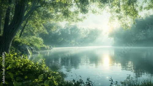 Serene waterside scene with a still lake, soft morning light, and lush vegetation, offering a quiet and calming nature experience photo