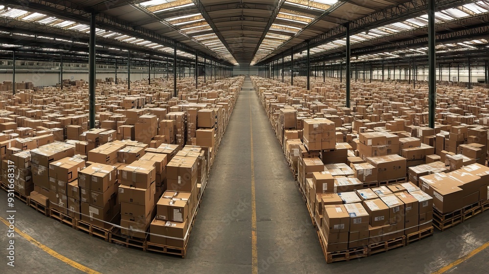 Wide-Angle View of an Industrial Warehouse with Pallets of Cardboard Boxes Ready for Shipping. AI generated illustration Wide-Angle View of an Industrial Warehouse with Pallets of Cardboard Boxes Ready for Shipping. AI generated illustration