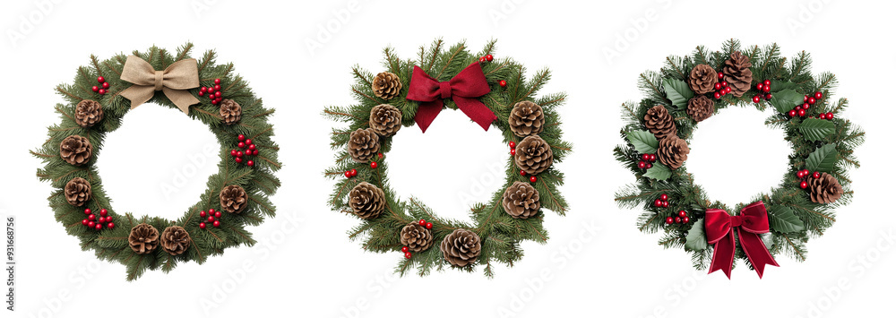 Collection of three festive Christmas wreaths decorated with pine cones and red berries isolated on a transparent background Collection of three festive Christmas wreaths decorated with pine cones and red berries isolated on a transparent background