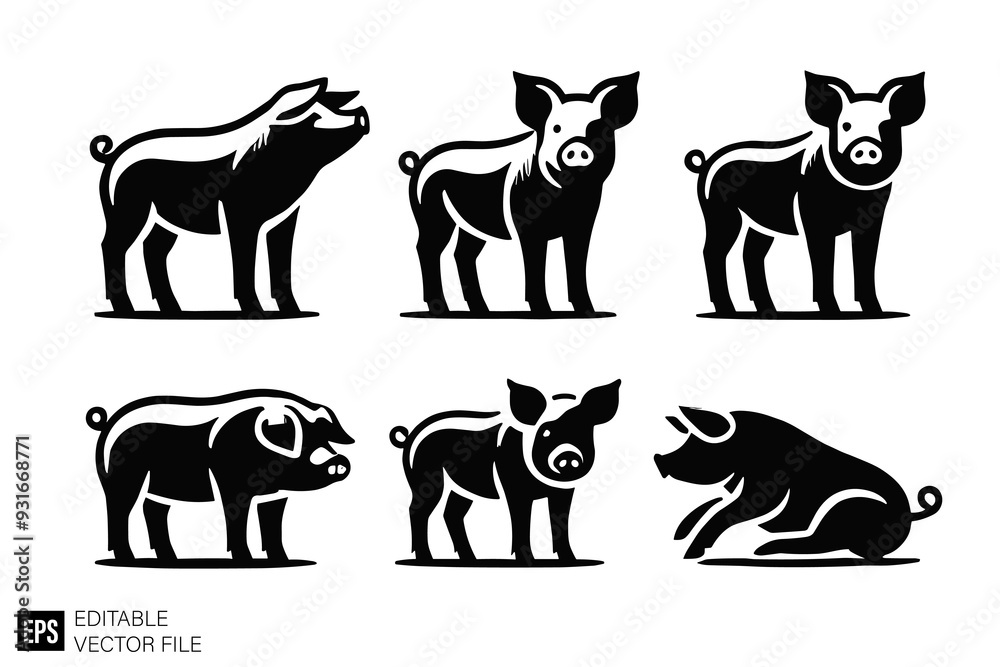 set of pig vector illustration black and white silhouette graphic design template set of pig vector illustration black and white silhouette graphic design template