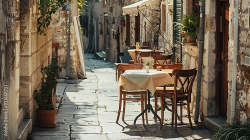 Fototapeta Naklejka Na Ścianę i Meble -  Empty table with chairs in narrow alley outside restaurant on sunny day