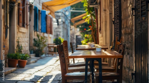 Fototapeta Naklejka Na Ścianę i Meble -  Empty table with chairs in narrow alley outside restaurant on sunny day