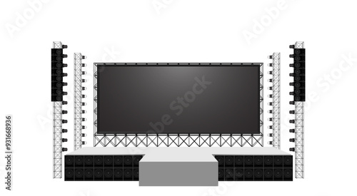 white stage and speaker with led screen on the truss system on the white background	