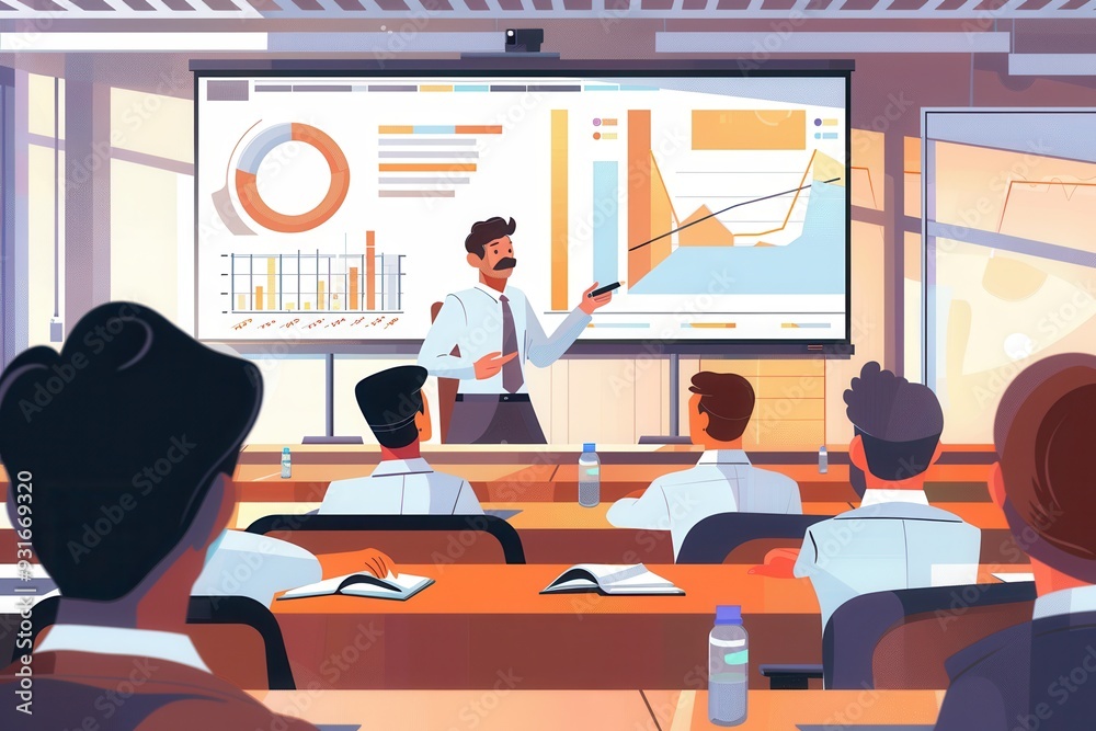 A speaker presents financial insights in a modern conference room while the audience attentively listens and takes notes. Generative AI A speaker presents financial insights in a modern conference room while the audience attentively listens and takes notes. Generative AI