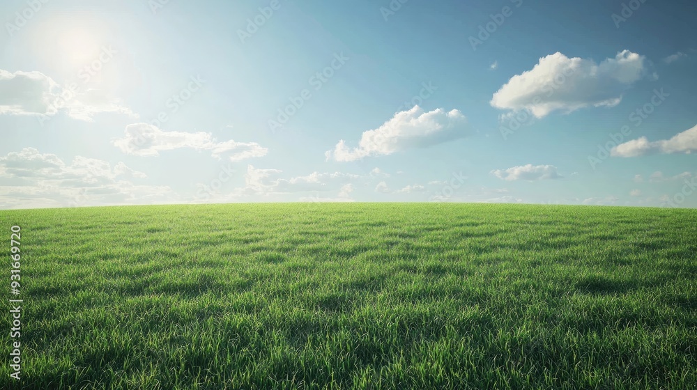 Obraz premium A lush green field stretches under a clear, blue sky with soft clouds, perfect for idyllic and serene backgrounds.