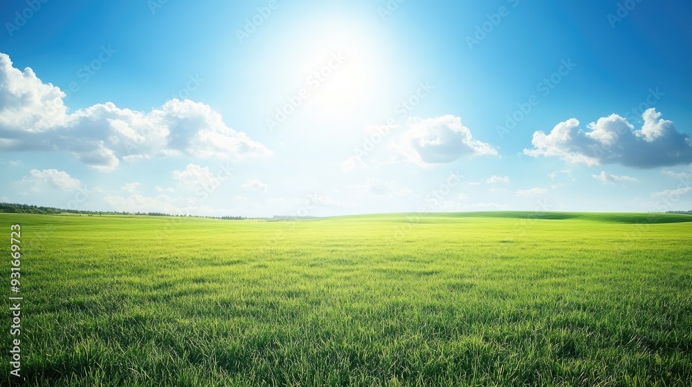 A lush green field stretches under a clear, blue sky with soft clouds, perfect for idyllic and serene backgrounds. A lush green field stretches under a clear, blue sky with soft clouds, perfect for idyllic and serene backgrounds.