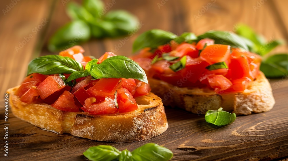 Two slices of toasted bread topped with diced tomatoes, herbs, Basil,, on wooden board Two slices of toasted bread topped with diced tomatoes, herbs, Basil,, on wooden board