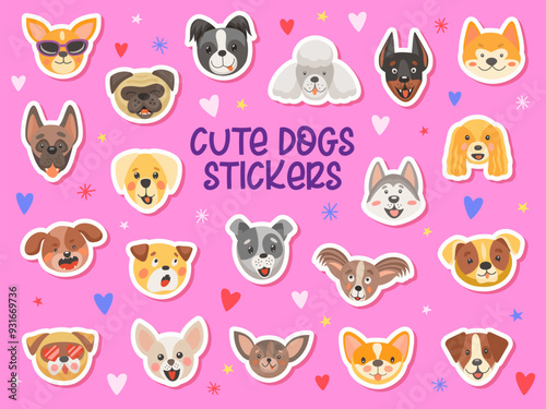 Cute dog and puppy pet stickers vector set. Cartoon canine breeds with animated face expressions and pet accessories. Husky, corgi, pug, chihuahua, Doberman, playful and animal cutout patches
