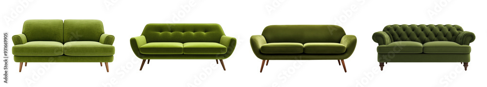 Fototapeta premium A collection of four green velvet sofas showcasing different modern and classic designs, isolated on a transparent background