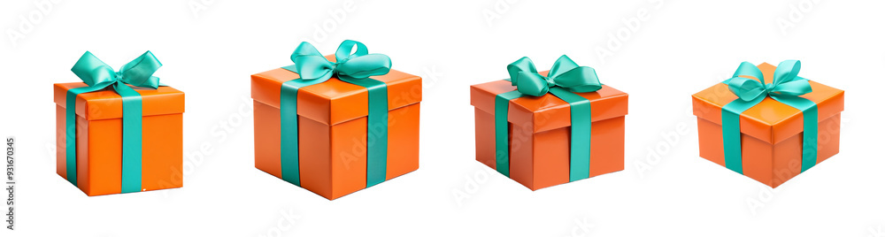 Set of four orange gift boxes with turquoise ribbons isolated on a transparent background, perfect for holiday celebrations Set of four orange gift boxes with turquoise ribbons isolated on a transparent background, perfect for holiday celebrations