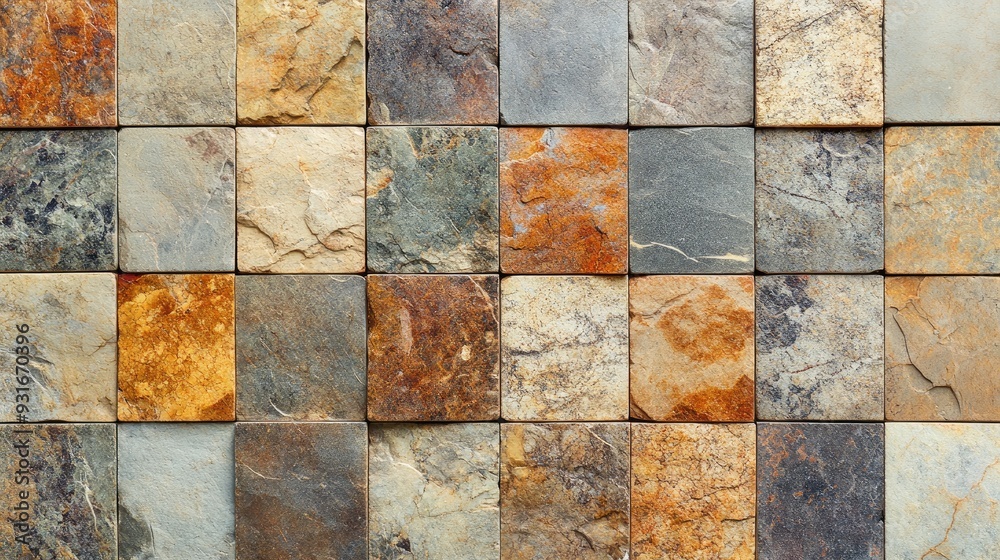 A patterned stone tile surface with a mix of smooth and textured tiles, ideal for architectural backgrounds.