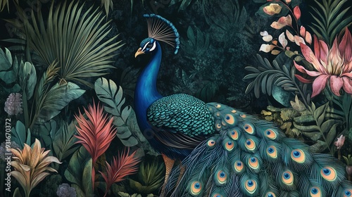 An elegant peacock with its feathers spread out, set against a detailed floral background, in an illustrative style