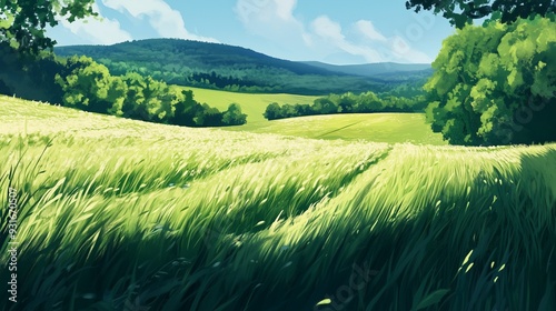 An illustration of a fresh green grassland, capturing the vibrant and lush scenery of a newly grown meadow. The background is filled with rich green hues, evoking a sense of renewal and natural beauty