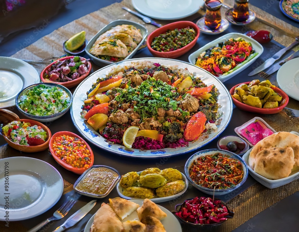 A large table filled with vibrant food, colorful plates, salads, breads, and hot dishes invites guests. A large table filled with vibrant food, colorful plates, salads, breads, and hot dishes invites guests.