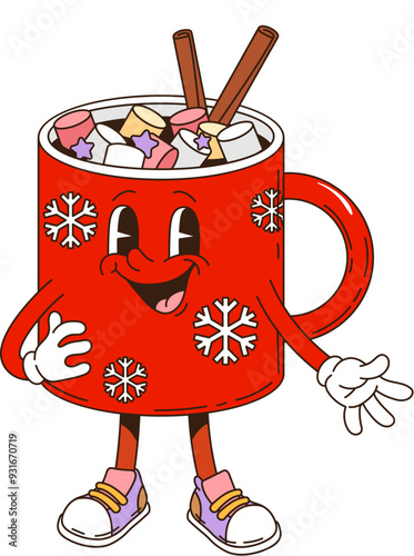 Retro groovy Christmas coffee character with marshmallows. Isolated cartoon vector festive coffee mug, decorated with snowflakes and cinnamon sticks. Red porcelain cup with happy face and sneakers