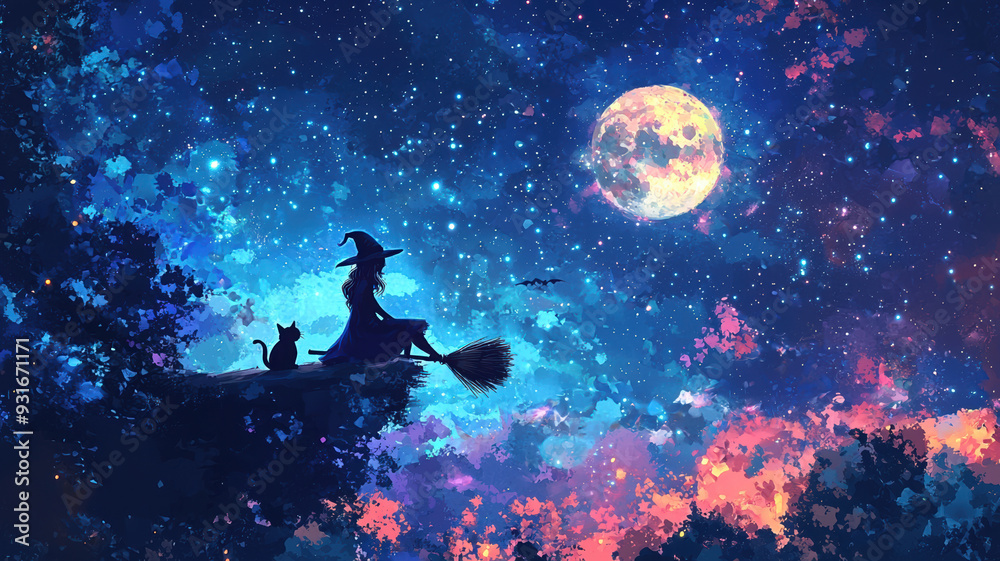 A witch floats in the air on her broom, with a black cat perched at the other end, as they both admire the full moon against a starry night background, creating a Halloween-themed scene.
A witch floats in the air on her broom, with a black cat perched at the other end, as they both admire the full moon against a starry night background, creating a Halloween-themed scene.