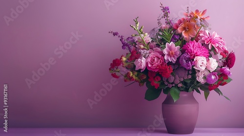 Flower arrangement in a table on purple background