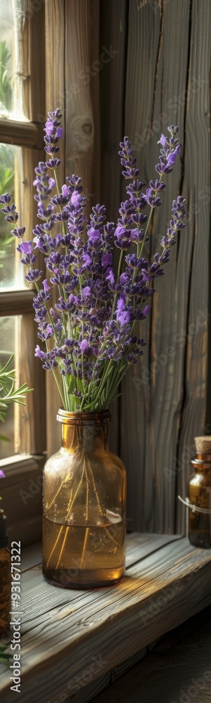 Obraz premium Purple flowers in a gold vase sitting on a window sill
