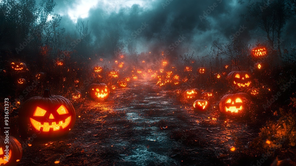 A creepy Halloween forest path, lined with jack-o'-lanterns and eerie fog A creepy Halloween forest path, lined with jack-o'-lanterns and eerie fog