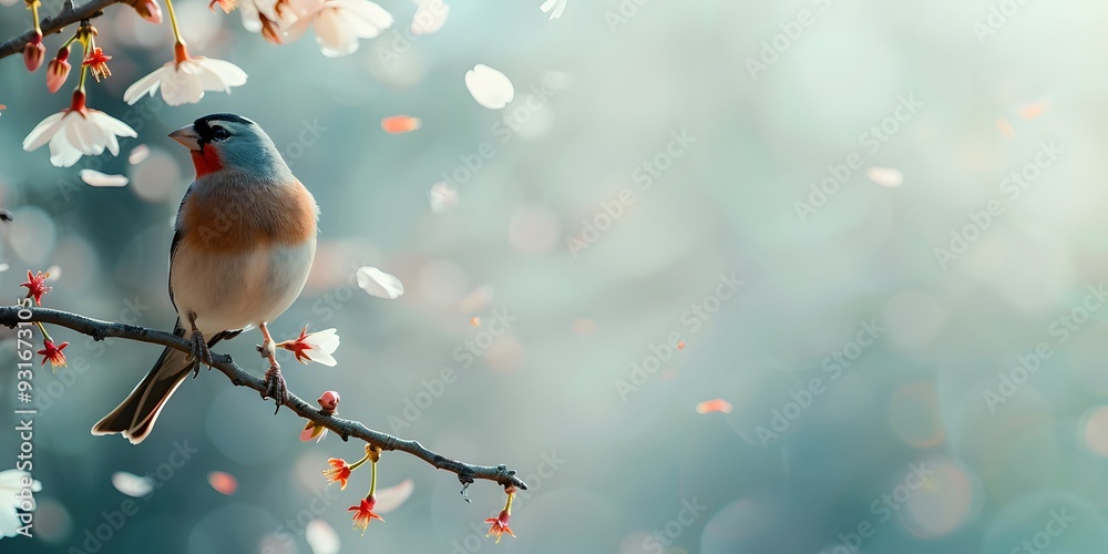Bullfinches on cherry blossom branches, watercolor style Bullfinches on cherry blossom branches, watercolor style
