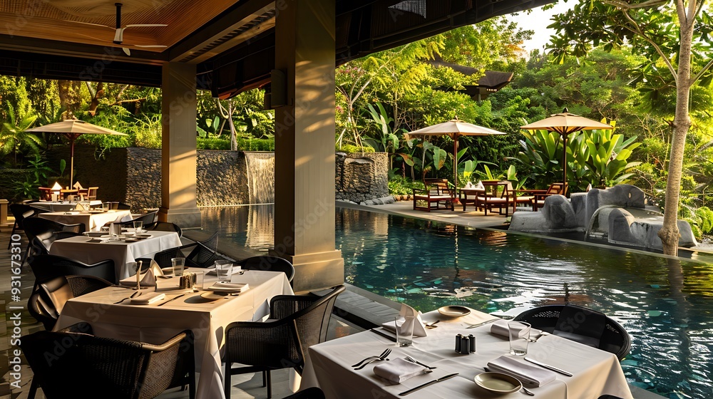 Fototapeta premium four tables at a poolside restaurant great on upper right