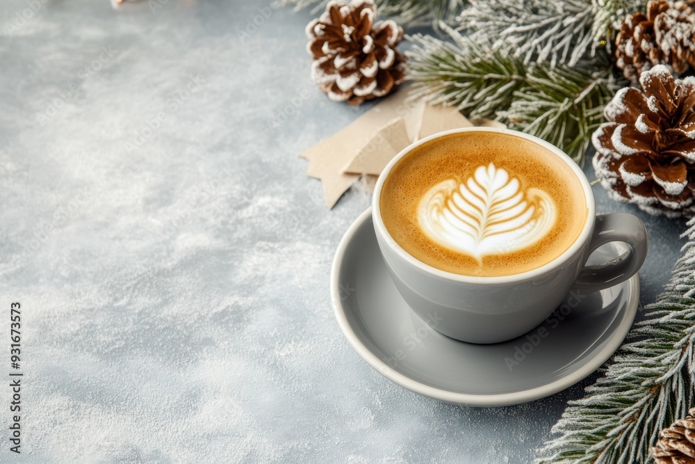 A Cup of Latte with a Snowy Pine Branch and Pinecones A Cup of Latte with a Snowy Pine Branch and Pinecones