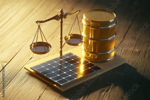 A pair of scales balancing a solar panel on one side and a barrel of oil on the other, symbolizing the dilemma between renewable and non-renewable energy sources amidst an energy crisis. 