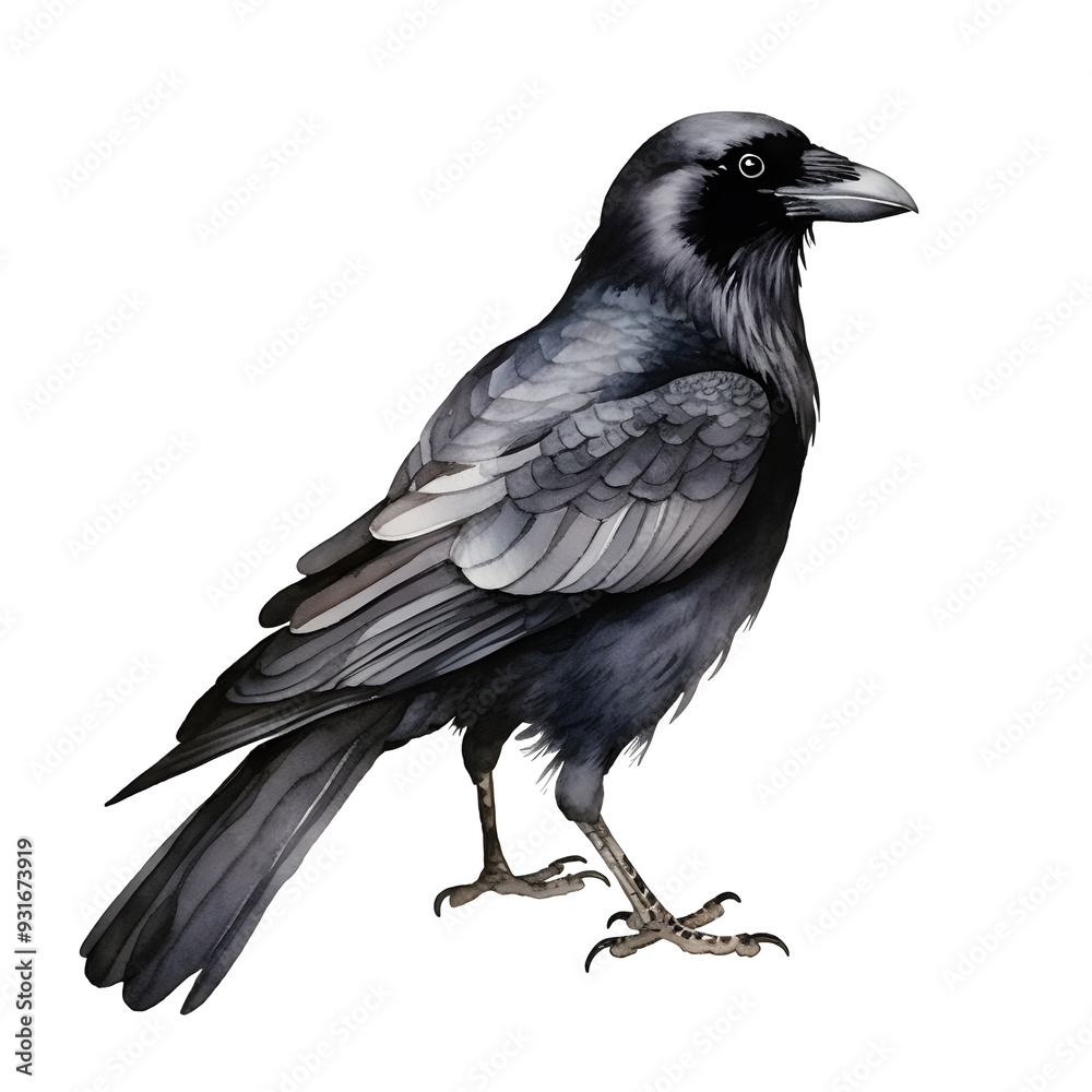 Fototapeta premium Detailed Watercolor of a Solitary Elegant Black Crow with Powerful Beak