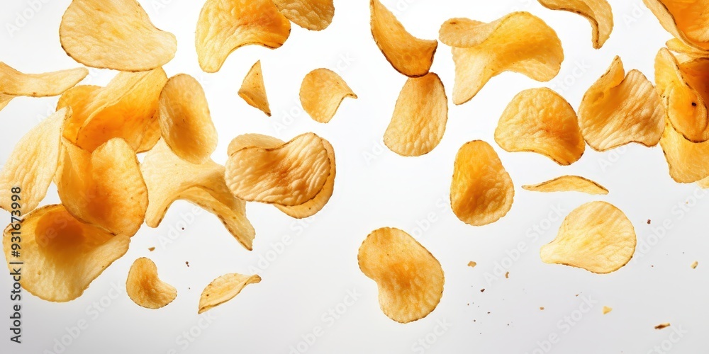Golden Potato Chips in Mid-Air Golden Potato Chips in Mid-Air