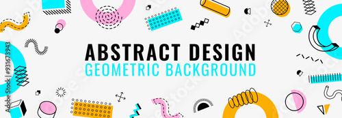 Abstract geometric Memphis modern banner. Vector background template with retro minimal geometry shapes, patterns, forms and lines in vibrant colors for exhibit art, magazine, journal, album covers