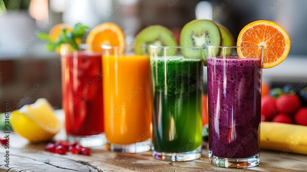 Fresh fruit and vegetable smoothie on kitchen table in glass Fresh fruit and vegetable smoothie on kitchen table in glass
