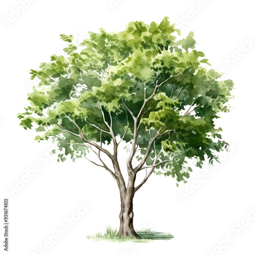 Detailed Watercolor Painting of Sturdy Ironwood Tree with Lush Foliage