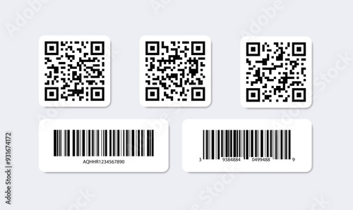 QR code and barcode set. Square and rectangular sign. Codes for identification products in store. Vector template graphic.
