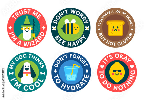 Set of cool circle stickers. Funny phrases and motivation patches collection. Wizard, bee, bread, dog, lemon and water glass. Trendy vector illustration.