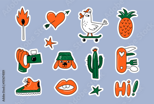 Groovy hand-drawn stickers set. Funny heart, duck, pineapple, dog, match, cactus, hand, camera, knife, sneaker, lips in trendy cartoon style.Vector illustration.