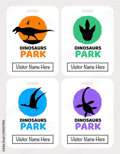 Dinosaurs park visitor badge multicolor template. Tyrannosaurus, pterosaur, plesiosaur and foot print. Hand-drawn vector illustration.