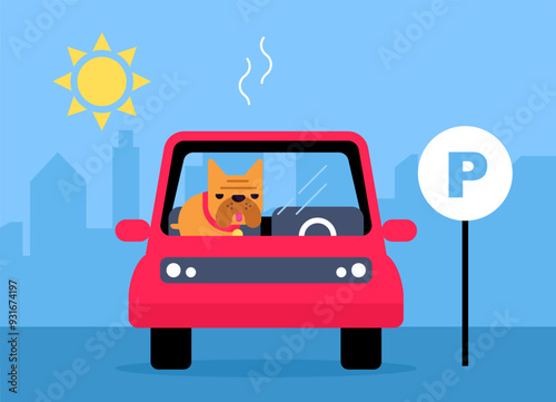 Caution no dog inside in a hot car or parking in the sun. Warning of possible danger of overheating from animals. No dog in hot vehicle. Vector illustration