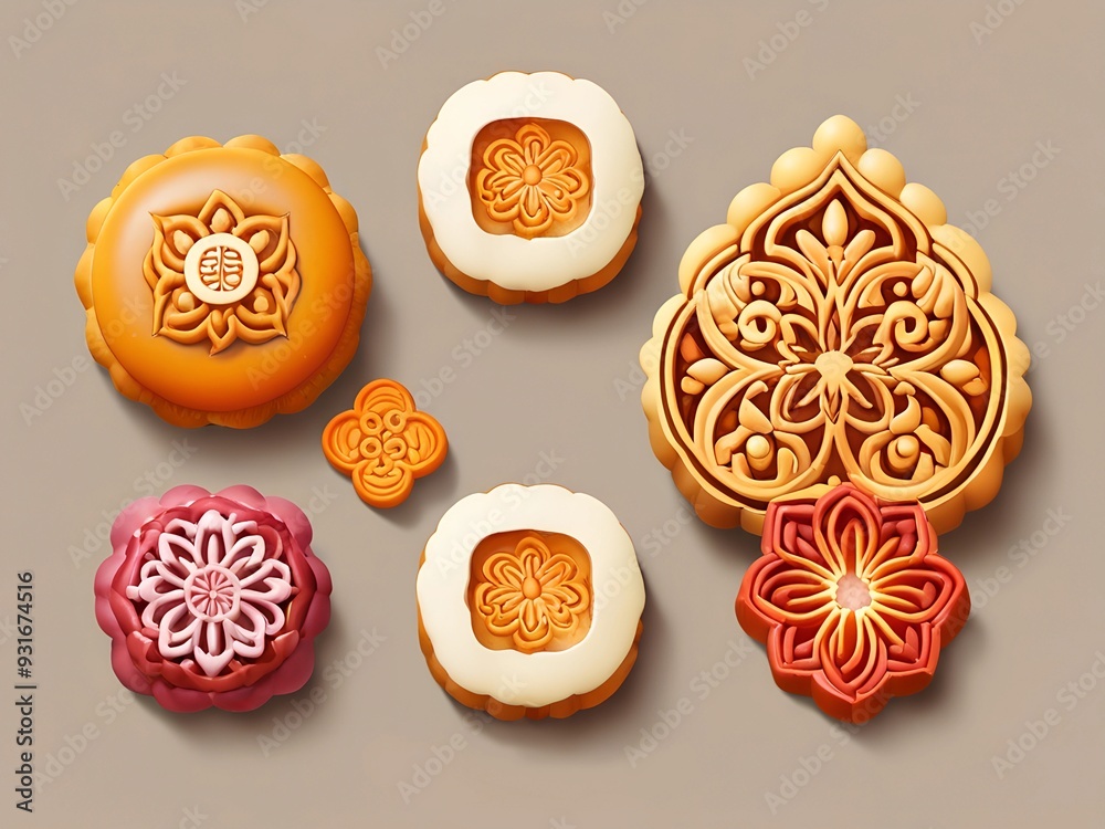 Fototapeta premium Zhongqiu mooncakes patterns. AI generated