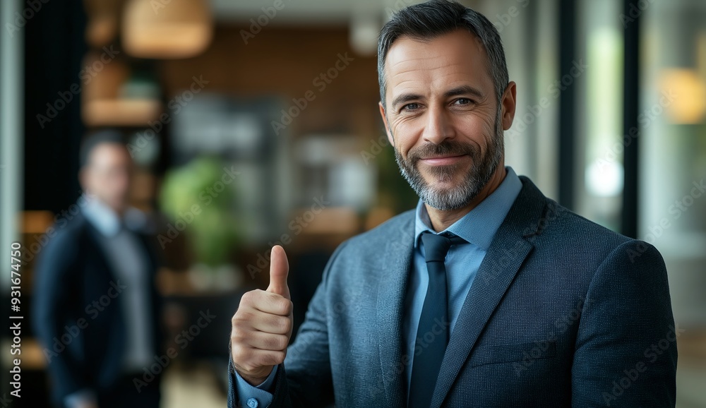 Confident businessman in a suit giving a thumbs up at the office, with copy space for text. Business success concept. A man showing a thumbs up sign. Blurred background of a modern office. Confident businessman in a suit giving a thumbs up at the office, with copy space for text. Business success concept. A man showing a thumbs up sign. Blurred background of a modern office.