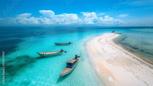 Aerial view of Nakupenda island sandbank in ocean white sandy beach boats blue sea during low tide at sunny summer day in Zanzibar Top view of sand spit clear water sky with clouds Tro : Generative AI