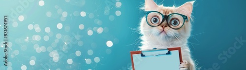 Wallpaper Mural Cute Cat With Glasses Holding Clipboard On Teal Background Torontodigital.ca