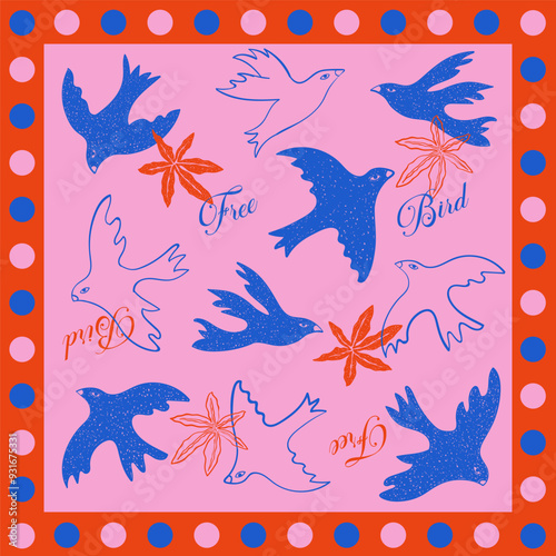 Hand drawn birds and flowers illustration. Retro Bandana design.