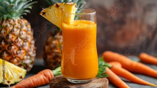 Fresh pineapple and carrot juice in glass cup on a wooden reamer photo
