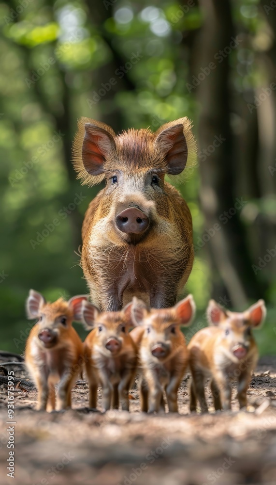 Fototapeta premium Protective Wild Boar Sow Stands Guard Over Her Adorable Piglets on a Sunlit, Forest Floor.