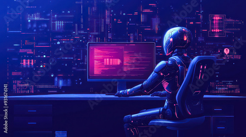 Artificial intelligence humanoid robot working on computer, a data network connection background. technology concept robot working in office, AI assistant business concept. Illustration
