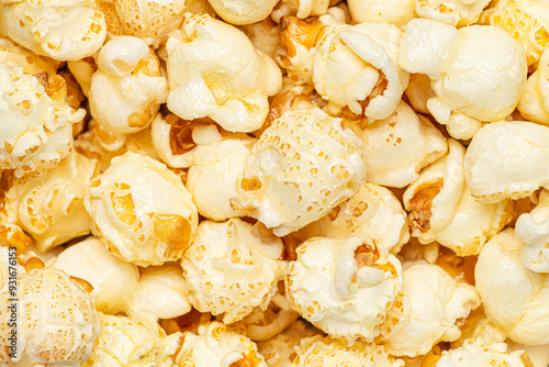 Close up real popcorn with caramel syrup.